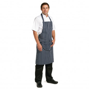Whites Butchers Apron Navy Stripe with Pocket - Click to Enlarge