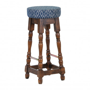 Classic Rubber Wood High Bar Stool with Blue Diamond Seat (Pack of 2) - Click to Enlarge