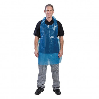 Disposable Polythene Bib Aprons 14.5 Micron Blue (Pack of 100) - Click to Enlarge