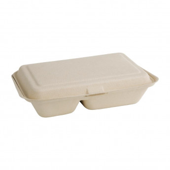 Fiesta Green Compostable Bagasse Two-Compartment Hinged Food Containers Natural Colour 253mm (Pack of 200) - Click to Enlarge