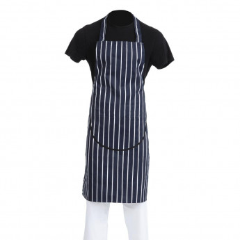 Whites Butchers Apron Navy Stripe with Pocket - Click to Enlarge