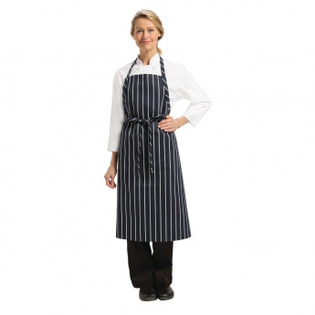 Chef Works Premium Woven Bib Apron Navy and White Stripe - Click to Enlarge