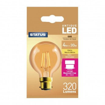 Status 320 Lumens Globe Golden Light Bulb Crystalite Antique LED G80 BC 4w - Click to Enlarge