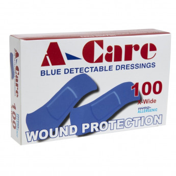 A-CARE DETECTABLE BLUE PLASTERS EXTRA WIDE STRIP 75X25MM - BOX 100 - Click to Enlarge