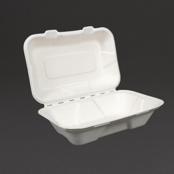 Vegware Compostable Bagasse Clamshell Hinged Meal Boxes 228mm - Click to Enlarge